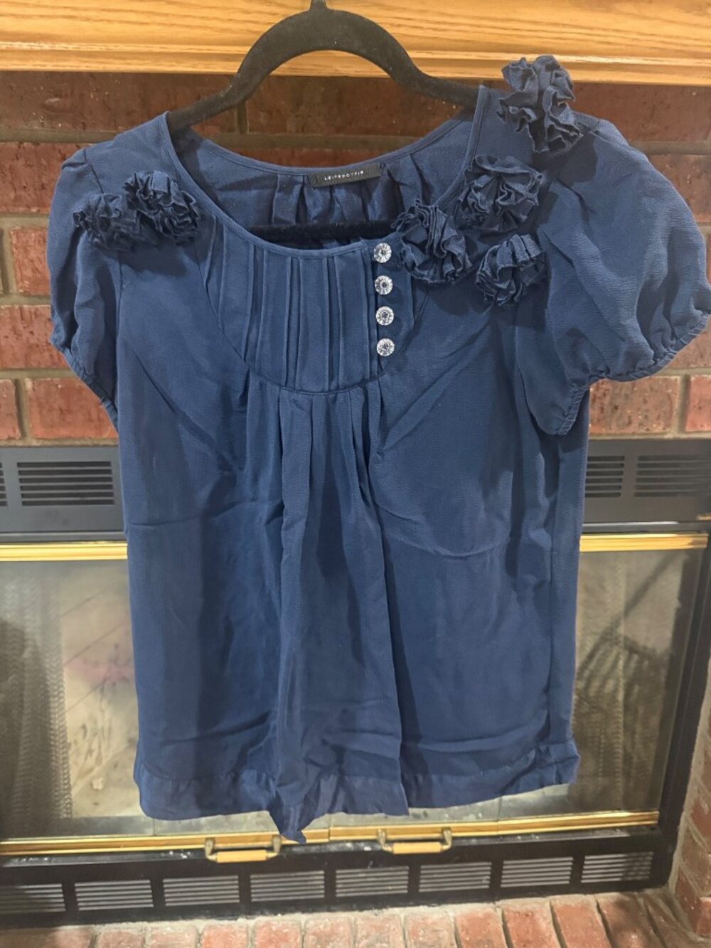 Blue Short Sleeve Silk Blouse with Floral Details